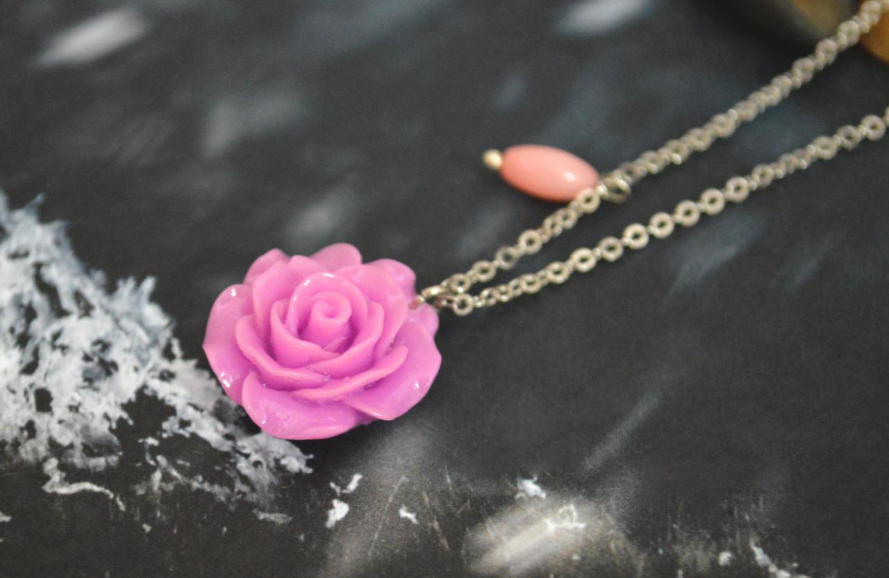 Flower rose cabochon necklace, Pink coral necklace,Modern necklace, White gold rhodium plated chain/Bridesmaid gifts/Everyday jewelry/