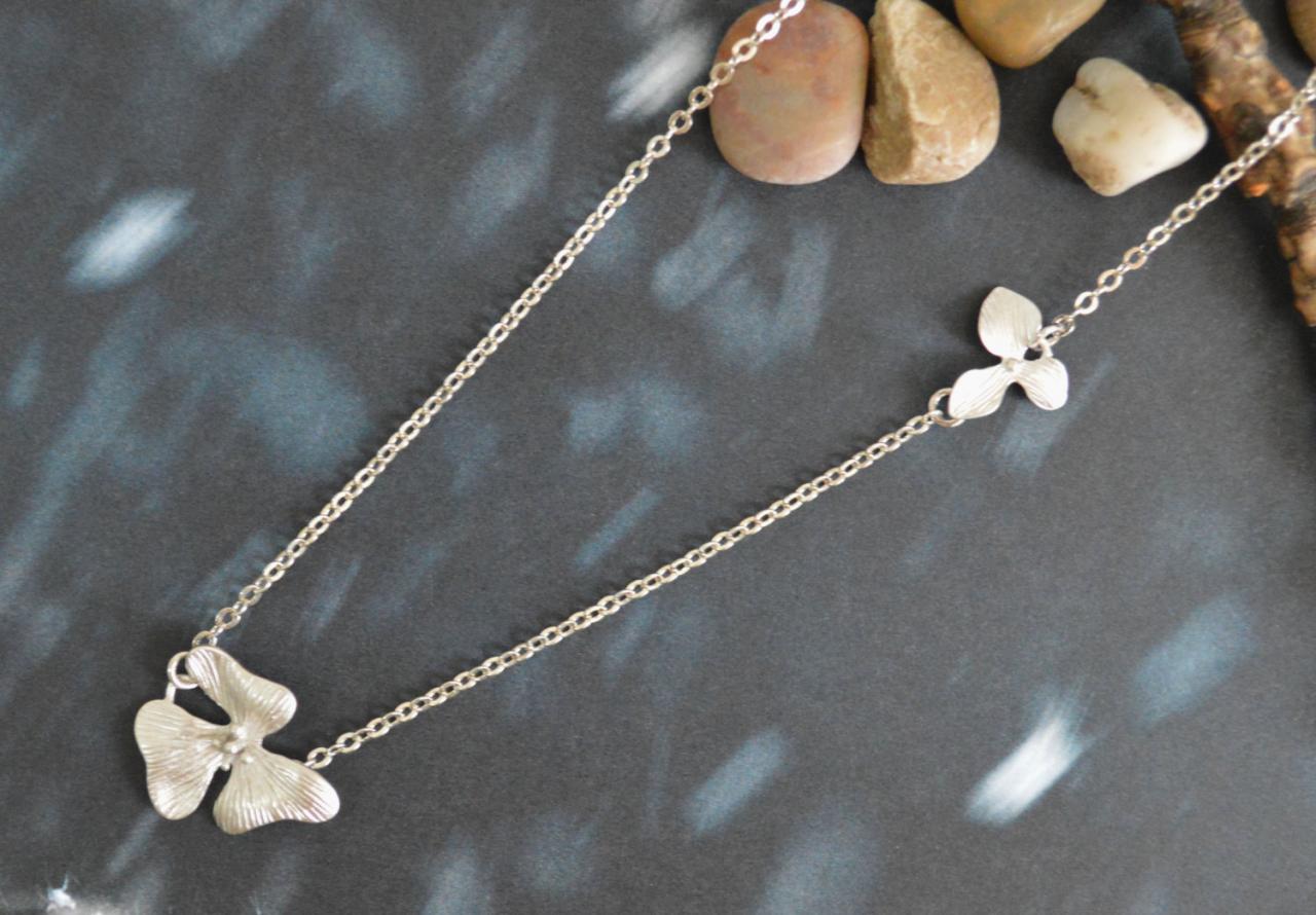 Flower Pendants, Sideways Necklace, Unbalanced Necklace, Modern Necklace, White Gold Rhodium Plated Chain/bridesmaid Gifts/ Everyday Jewelry/