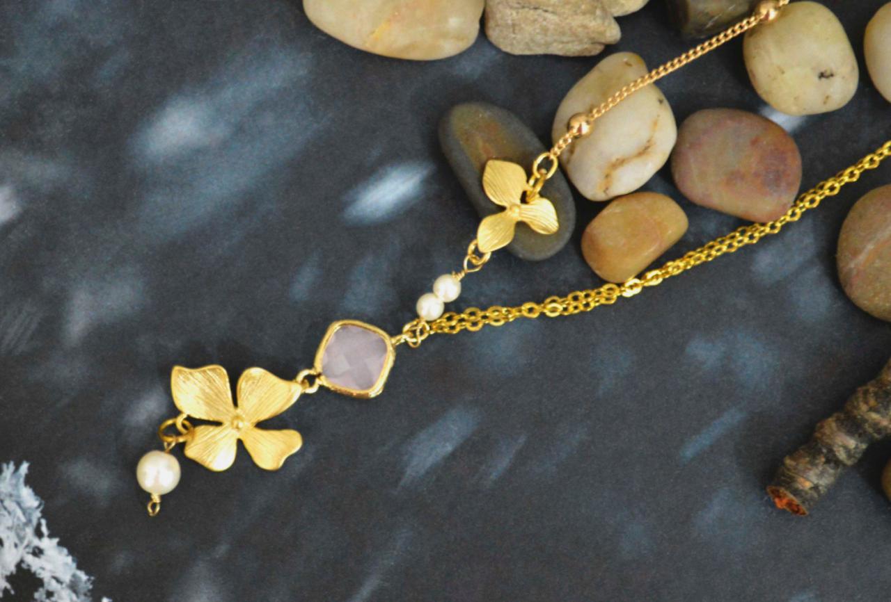 Orchid necklace, layered necklace, Pink opal connector with pearl necklace, Gold plated ball and flat-o chain/Bridesmaid gifts/Everyday jewelry/