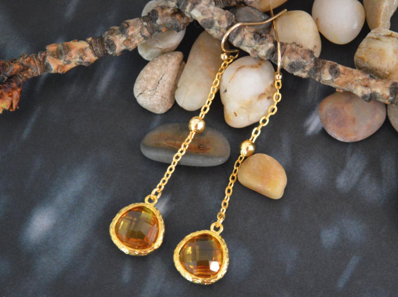 Glass topaz drop earrings, Bezel set dangle earring, Dangle earrings,Gold plated ball chain/Special gifts/ Everyday jewelry/