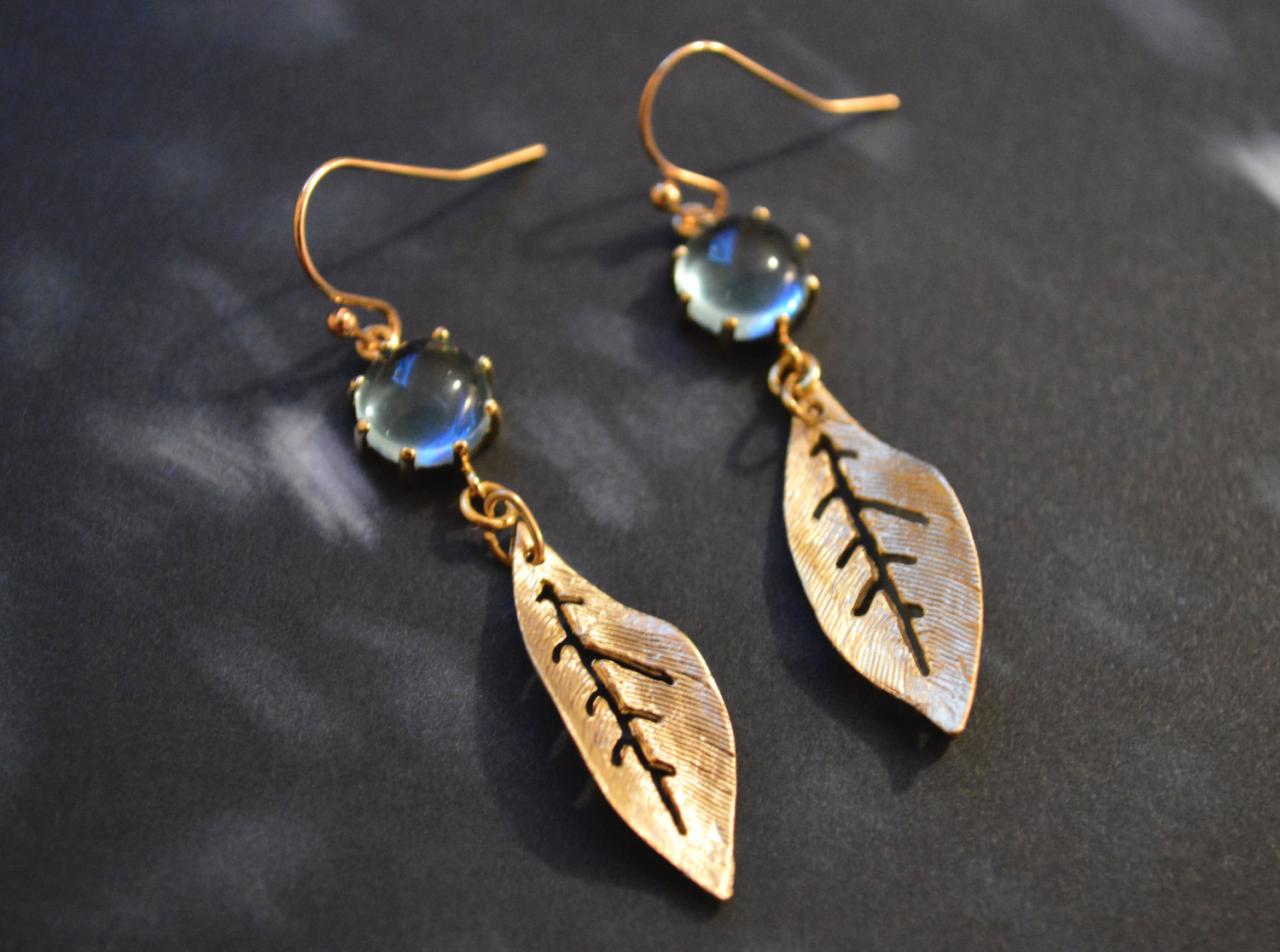 Dangle Drop Earrings,bezel Set Glass Aquamarine Earrings, Leaf Earrings, Gold Plated Earrings/bridesmaid Gifts/everyday Jewelry/
