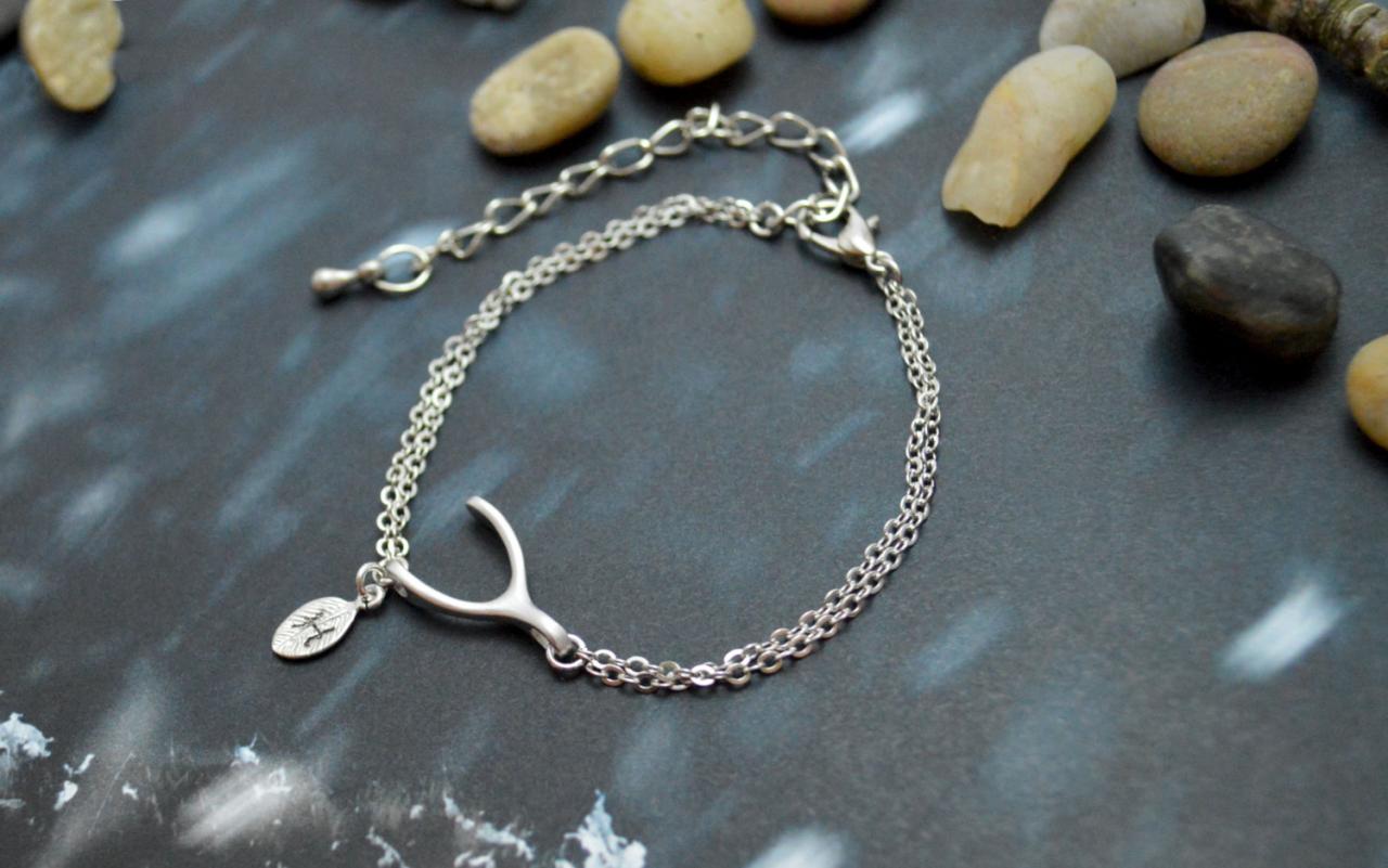 C-032 Wishbone Initial Bracelet, Personalized Bracelet, Simple Bracelet, Rhodium Plated/everyday Jewelry/