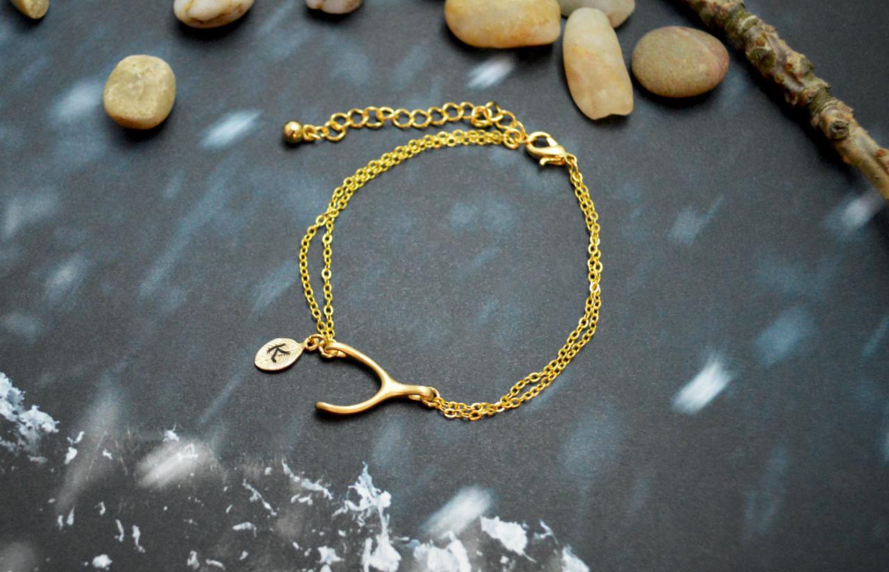 C-031 Wishbone Initial Bracelet, Personalized Bracelet, Simple Bracelet, Gold Plated/everyday Jewelry/