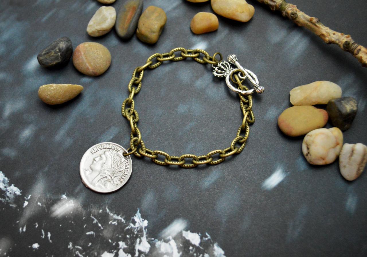 C-030 Antique Bronze Coin Bracelet,chunk Chain Bracelet,toggle Bracelet,layered Bracelet,simple Bracelet, Pattern Bracelet/everyday Jewelry/