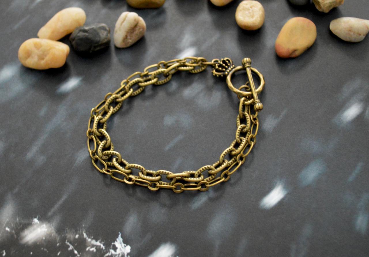 C-027 Antique Bronze Bracelet, Chunk Chain Bracelet, Toggle Bracelet, Layered Bracelet, Simple Bracelet, Pattern Bracelet/everyday Jewelry/