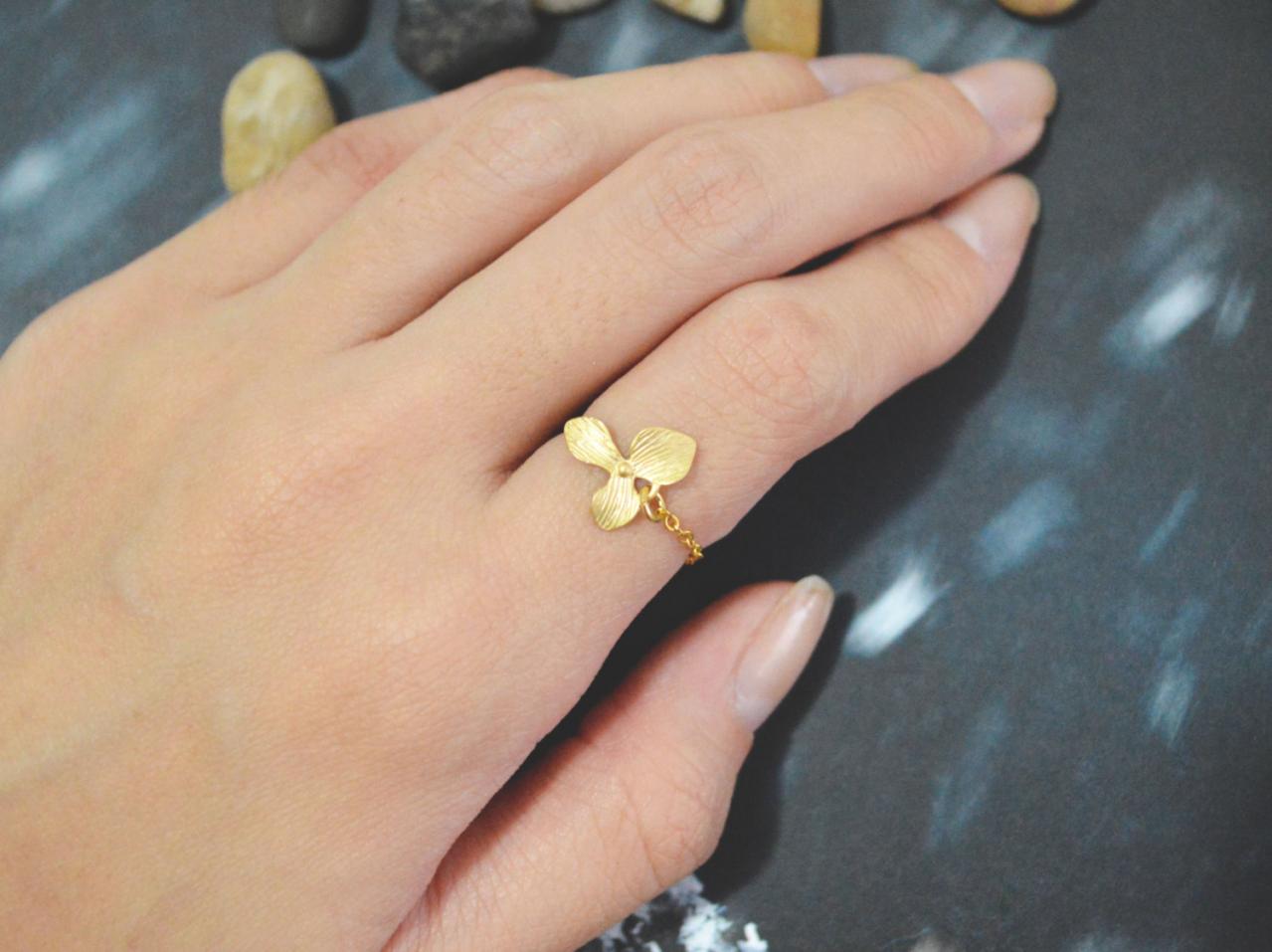 E-017 Orchid ring, Gold orchid ring, Chain ring, Simple ring,