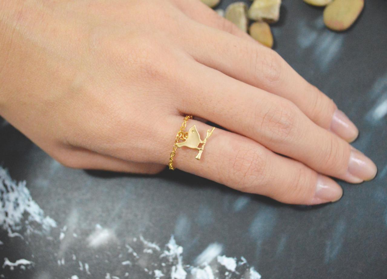 E-016 Bird Ring, Gold Bird Ring, Chain Ring, Simple Ring, Modern Ring, Gold Plated Ring/everyday/gift/