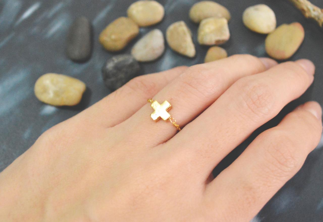 E-015 Cross ring, Gold cross ring, Chain ring, Simple ring, Modern ring, Gold plated ring/Everyday/Gift/