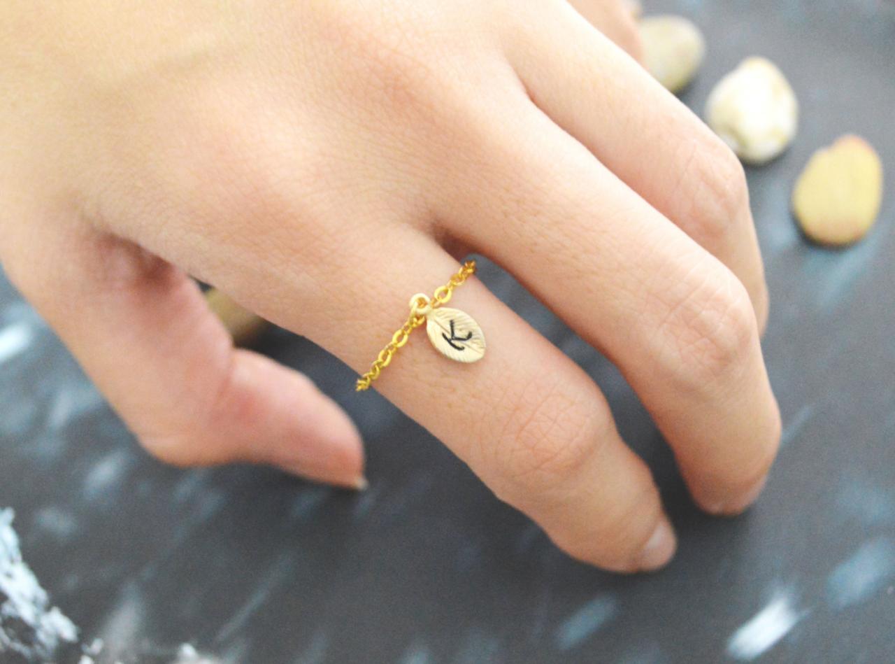 E-010 Hand Stamped Initial Ring, Leaf Ring, Chain Ring, Simple Ring, Modern Ring, Gold Plated Ring/everyday/gift/