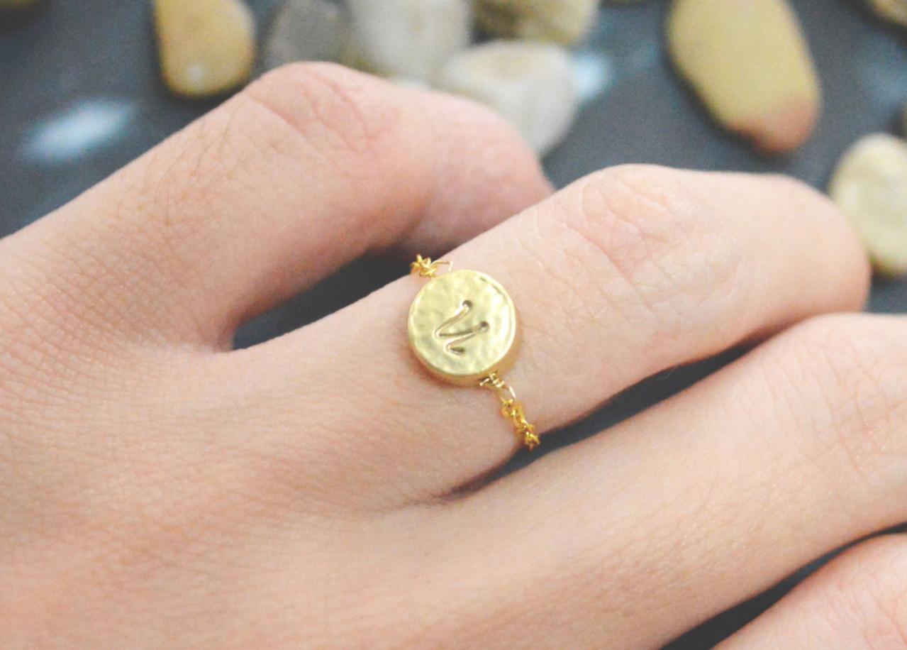 E-003 Hand Stamped Initial Ring, Coin Ring, Circle Ring, Chain Ring, Simple Ring, Modern Ring, Gold Plated Ring/everyday/gift/