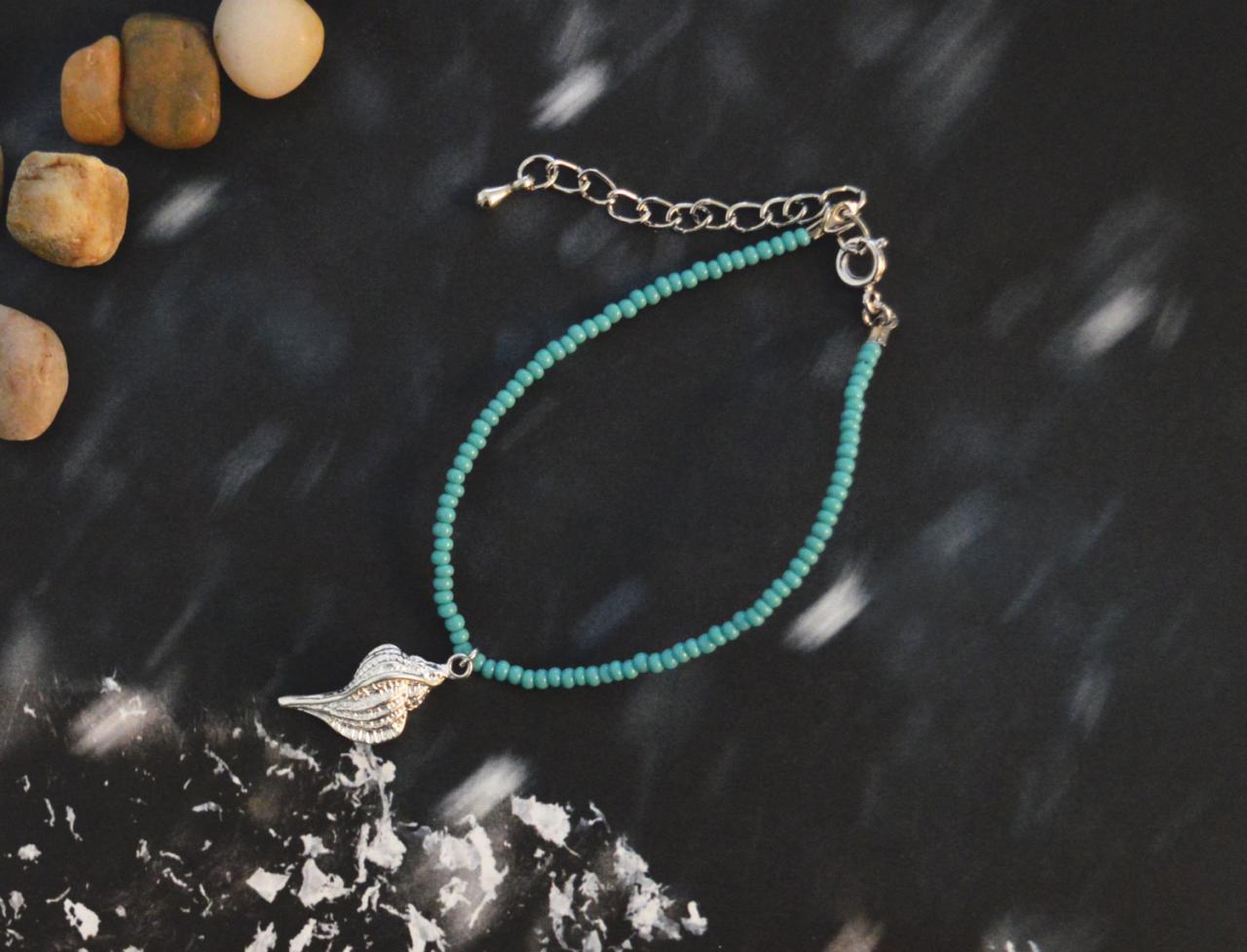 SALE) C-005 Beaded bracelet, Seed bead bracelet, Blue bracelet, Simple bracelet, Charm bracelet, Seashell bracelet/Everyday jewelry/