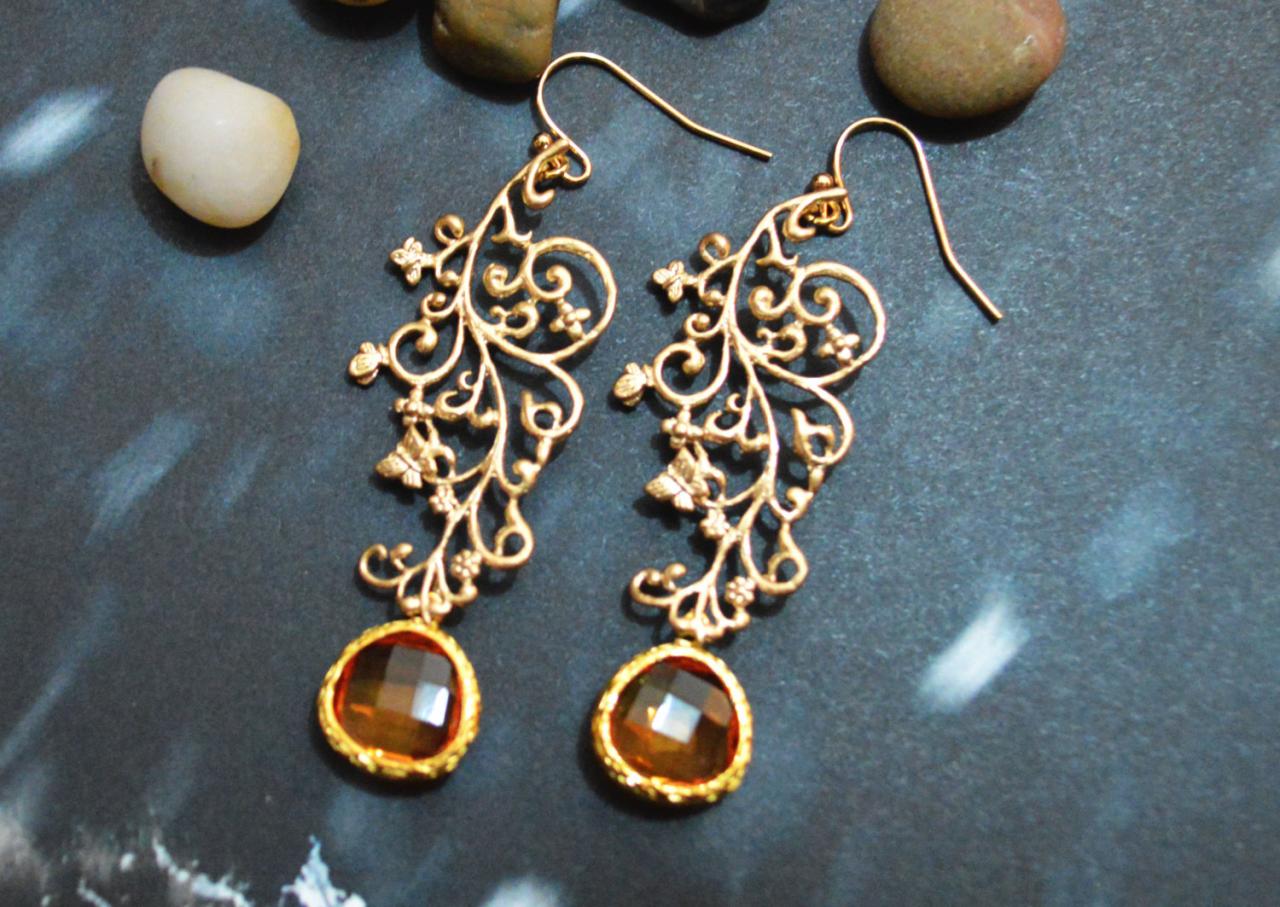 ) B-061 Pendant Earrings, Antique Earrings, Swirl Earrings, Gold Plated Earrings /bridesmaid Gifts/everyday Jewelry/