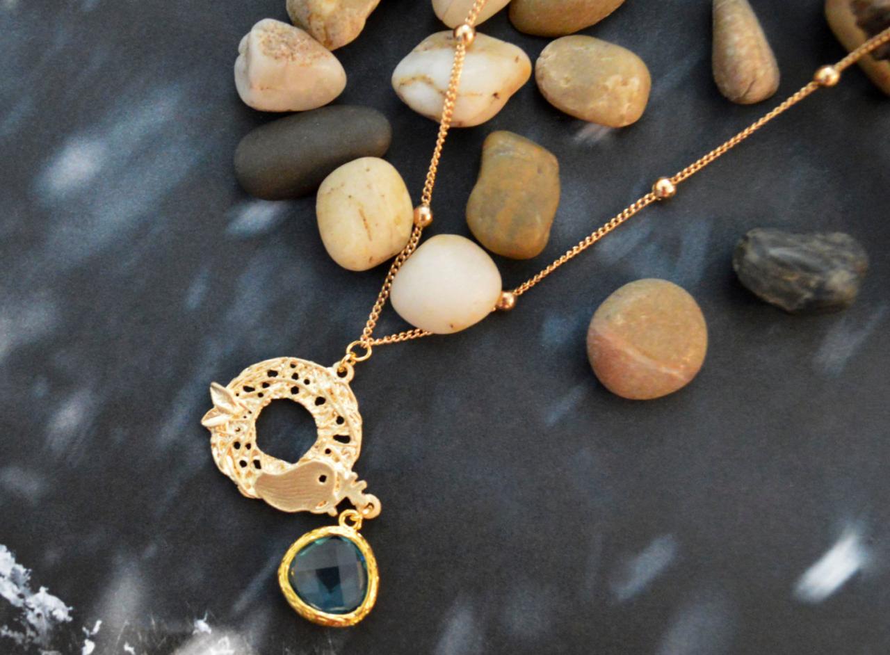SALE) A-041 Bird pendant necklace, Aquamarine drop necklace, Bezel set necklace, Gold plated necklace/Bridesmaid gifts/Everyday jewelry/