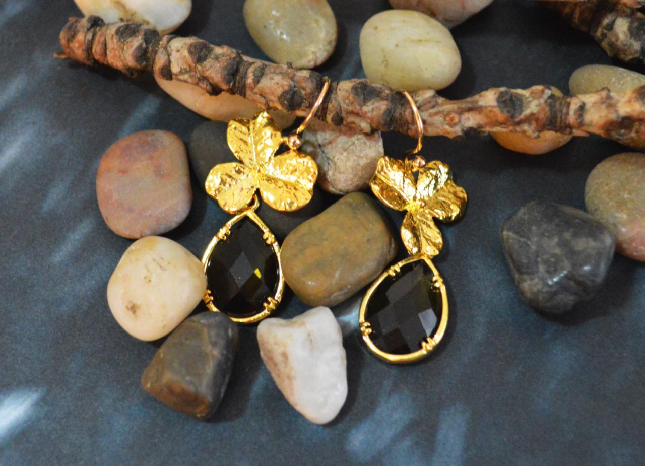 ) B-055 Glass Earrings,morion Drop Earrings,flower Earrings, Dangle Earrings, Gold Plated Earrings/bridesmaid Gifts/everyday Jewelry/