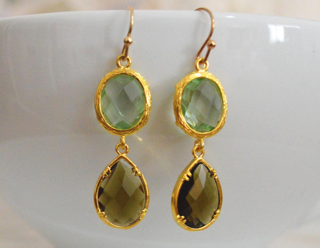 SALE) B-037 Glass earrings, Chrysolite & morion drop earrings, Dangle earrings, Gold plated earrings/Bridesmaid gifts/Everyday jewelry/