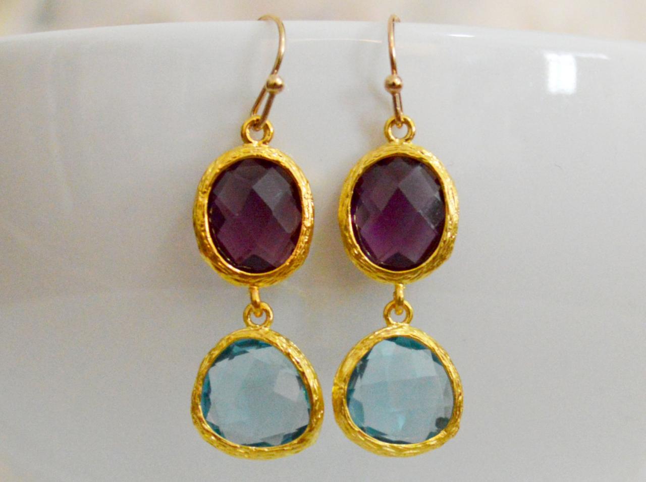 SALE) B-035 Glass earrings, Amethyst & aquamarine drop earrings, Dangle earrings, Gold plated earrings/Bridesmaid gifts/Everyday jewelry/