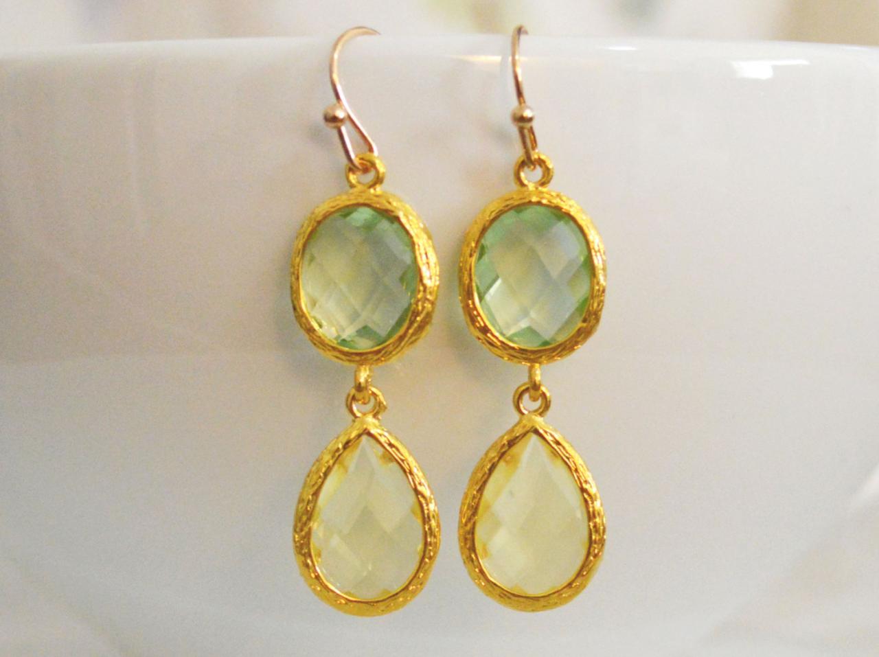 SALE) B-031 Glass earrings, Chrysolite & lemon yellow drop earrings, Dangle earrings, Gold plated/Bridesmaid gifts/Everyday jewelry/