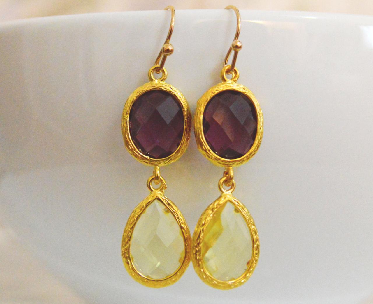) B-028 Glass Earrings, Amethyst&lemon Yellow Drop Earrings, Dangle Earrings, Gold Plated Earrings/bridesmaid Gifts/everyday Jewelry/