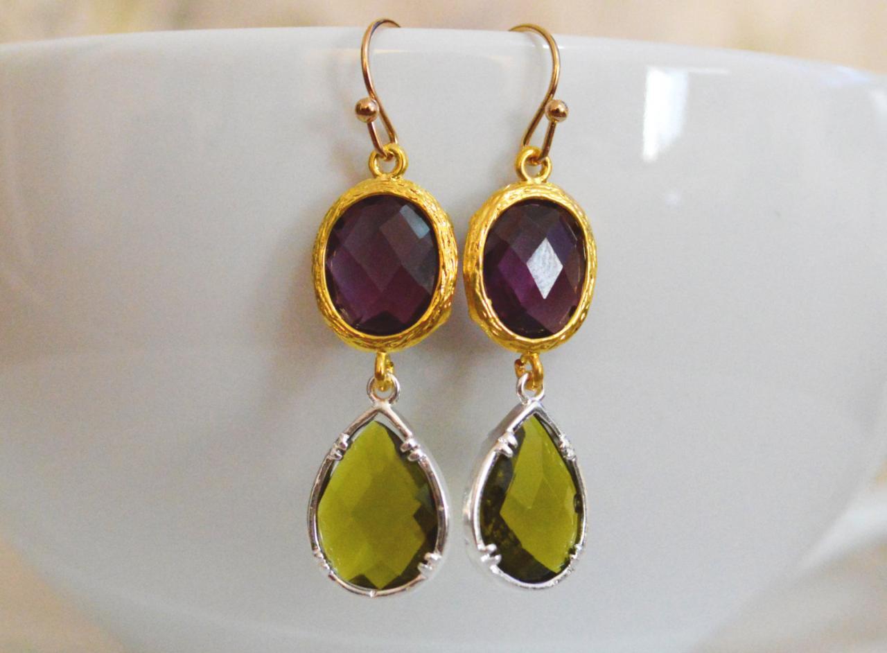 SALE) B-027 Glass earrings, Amethyst&khaki drop earrings, Dangle earrings, Gold and silver plated/Bridesmaid gifts/Everyday jewelry/