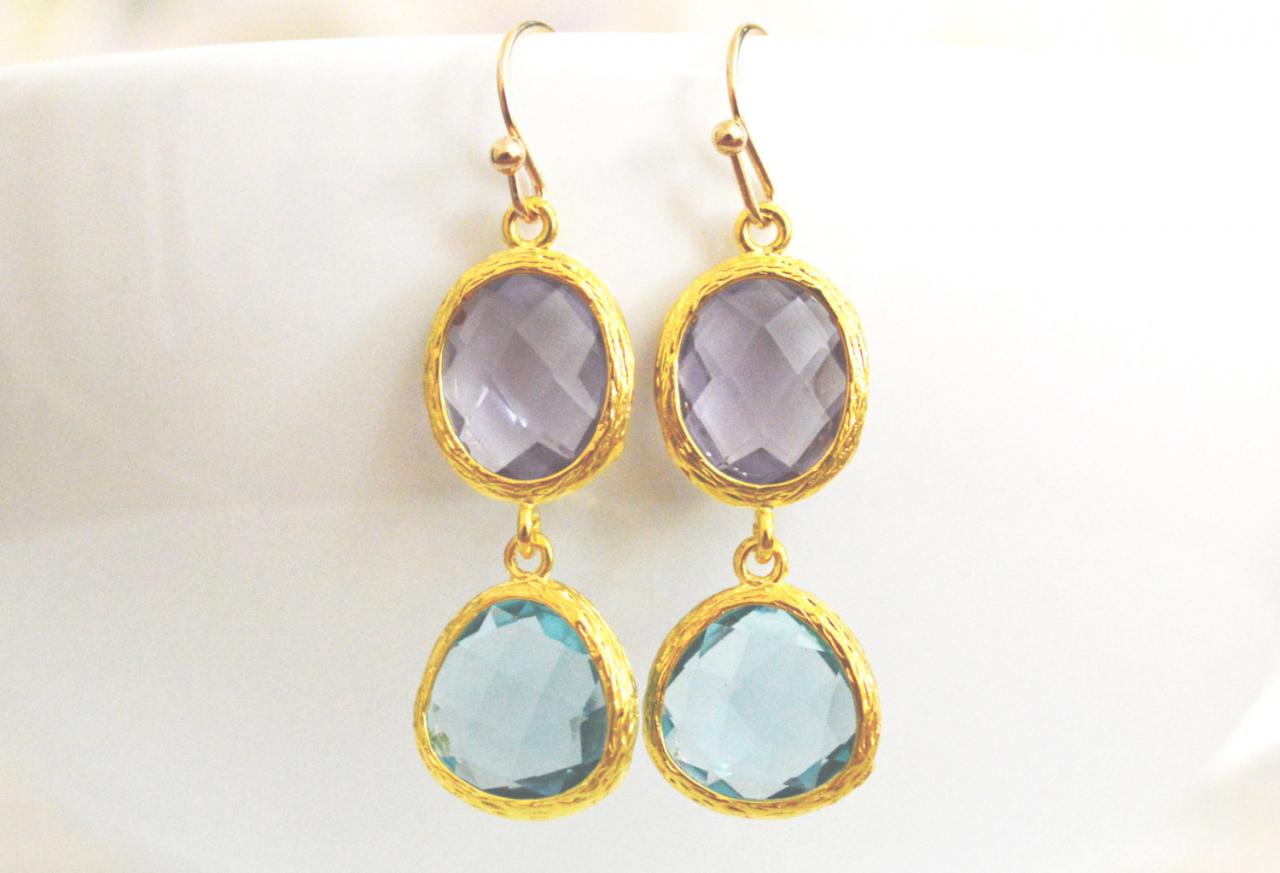 SALE) B-024 Glass earrings, Amethyst & lemon yellow drop earrings, CZ Dangle earrings, Gold plated/Bridesmaid gifts/Everyday jewelry/