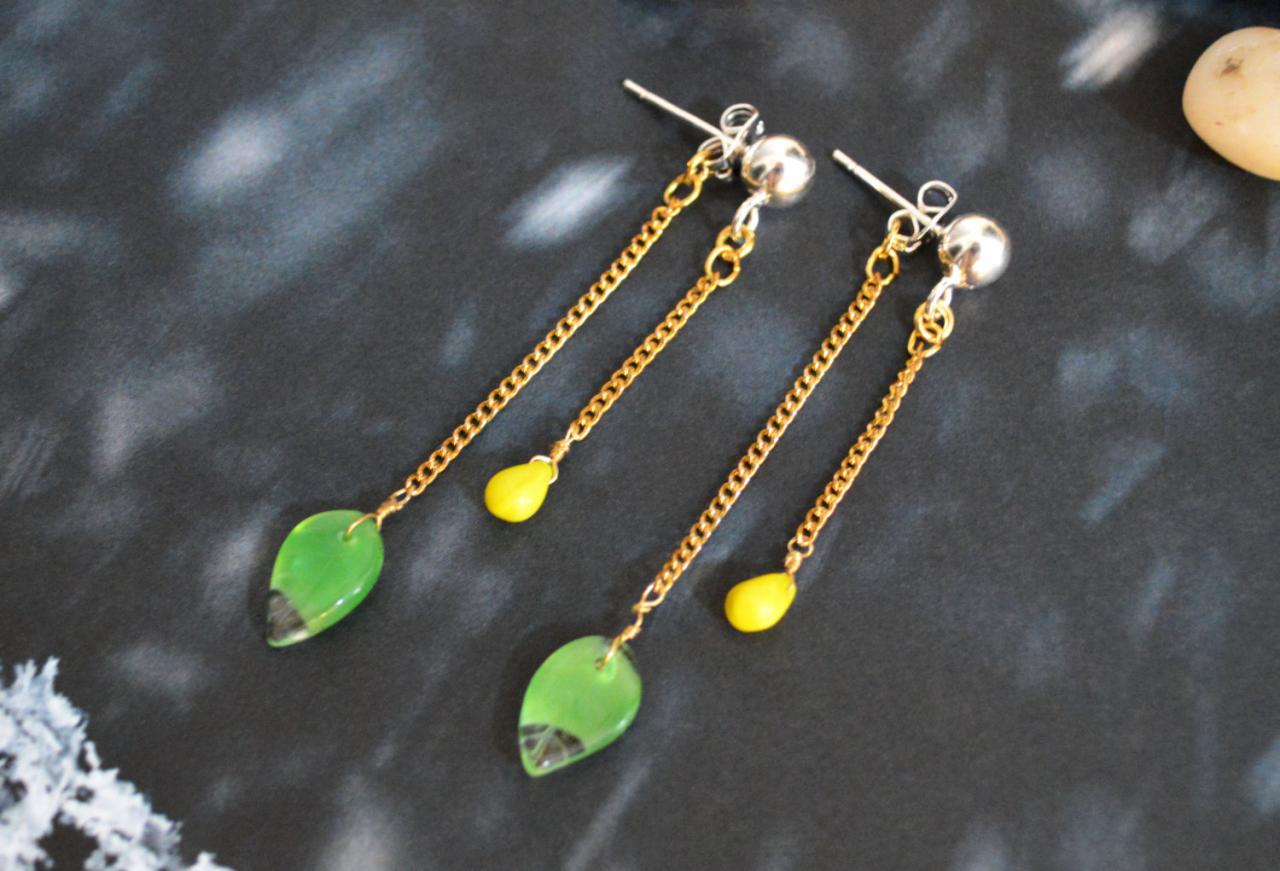 ) B-001 Vintage Glass Earrings, Green Leaf & Yellow Drop, Silver Ball Stud Earrings, Dangle Earrings/special Gifts/everyday Jewelry/