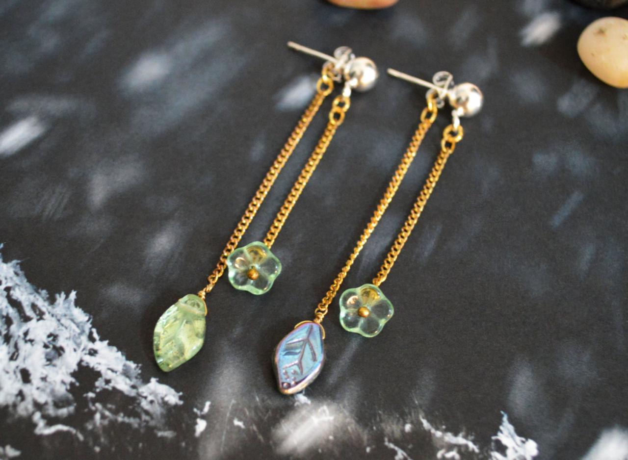 SALE) B-008 Glass earrings, Two-tone teal&blue leaf, green vintage flower earrings, Silver stud earrings, Gold plated/Everyday jewelry/
