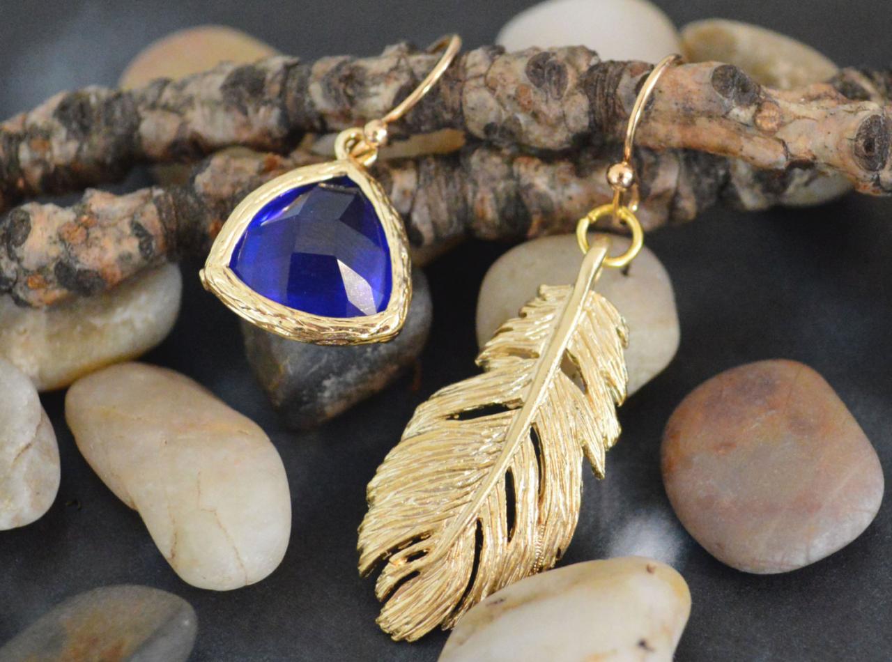) B-011 Feather Pendant Earrings, Bezel Set Earrings, Ocean Blue Glass Drop Earrings/ Special Gifts/ Everyday Jewelry/