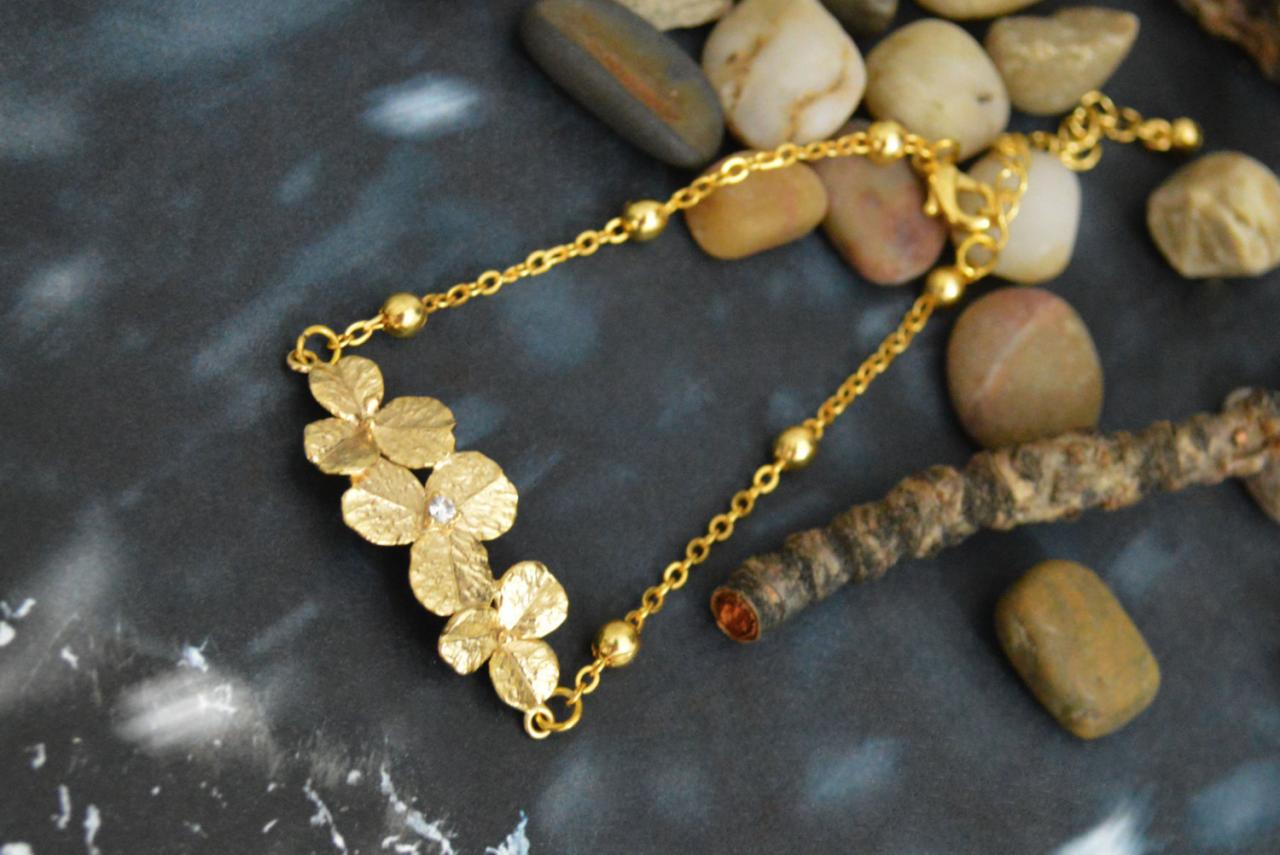 ) C-002 Flower Bracelet, Simple Bracelet, Modern Bracelet, Gold Plated Ball Chain /bridesmaid Gifts/everyday Jewelry/
