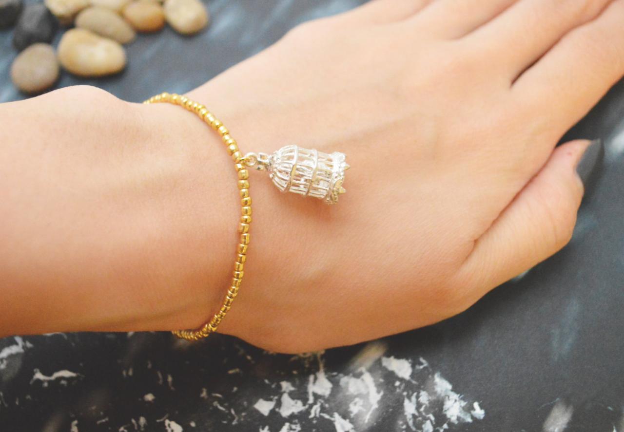 C-063 Gold Beaded bracelet, Seed bead bracelet, Cage bracelet, Pendant Bracelet, Simple bracelet, Charm bracelet/Everyday jewelry/