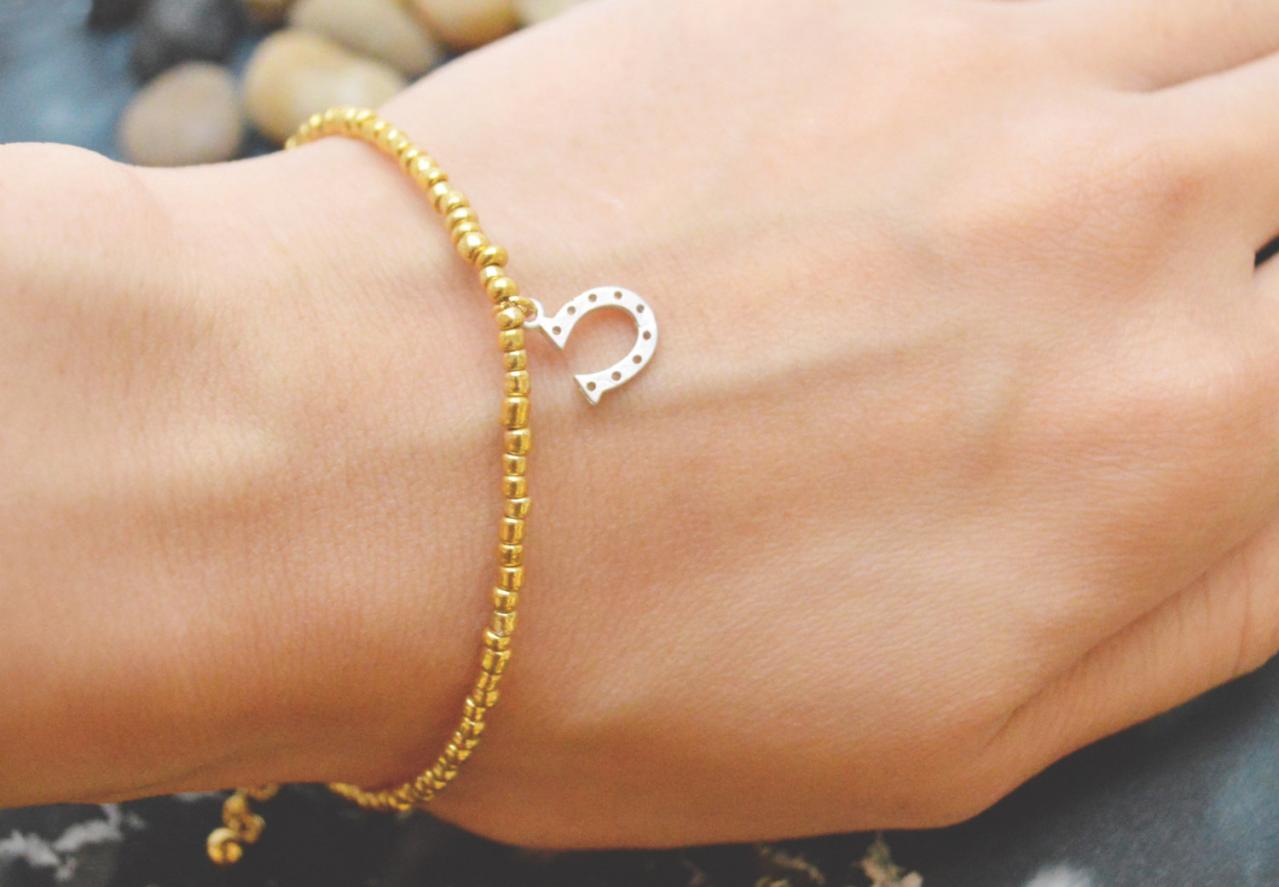 C-059 Gold Beaded bracelet, Seed bead bracelet, Horseshoe bracelet, Pendant Bracelet, Simple bracelet, Horse’s hoof/Everyday jewelry/