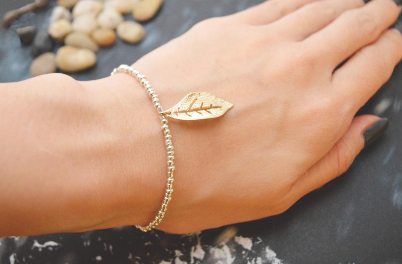 C-057 Silver Beaded Bracelet, Seed Bead Bracelet, Leaf Bracelet, Pendant Bracelet, Simple Bracelet, Charm Bracelet/everyday Jewelry/