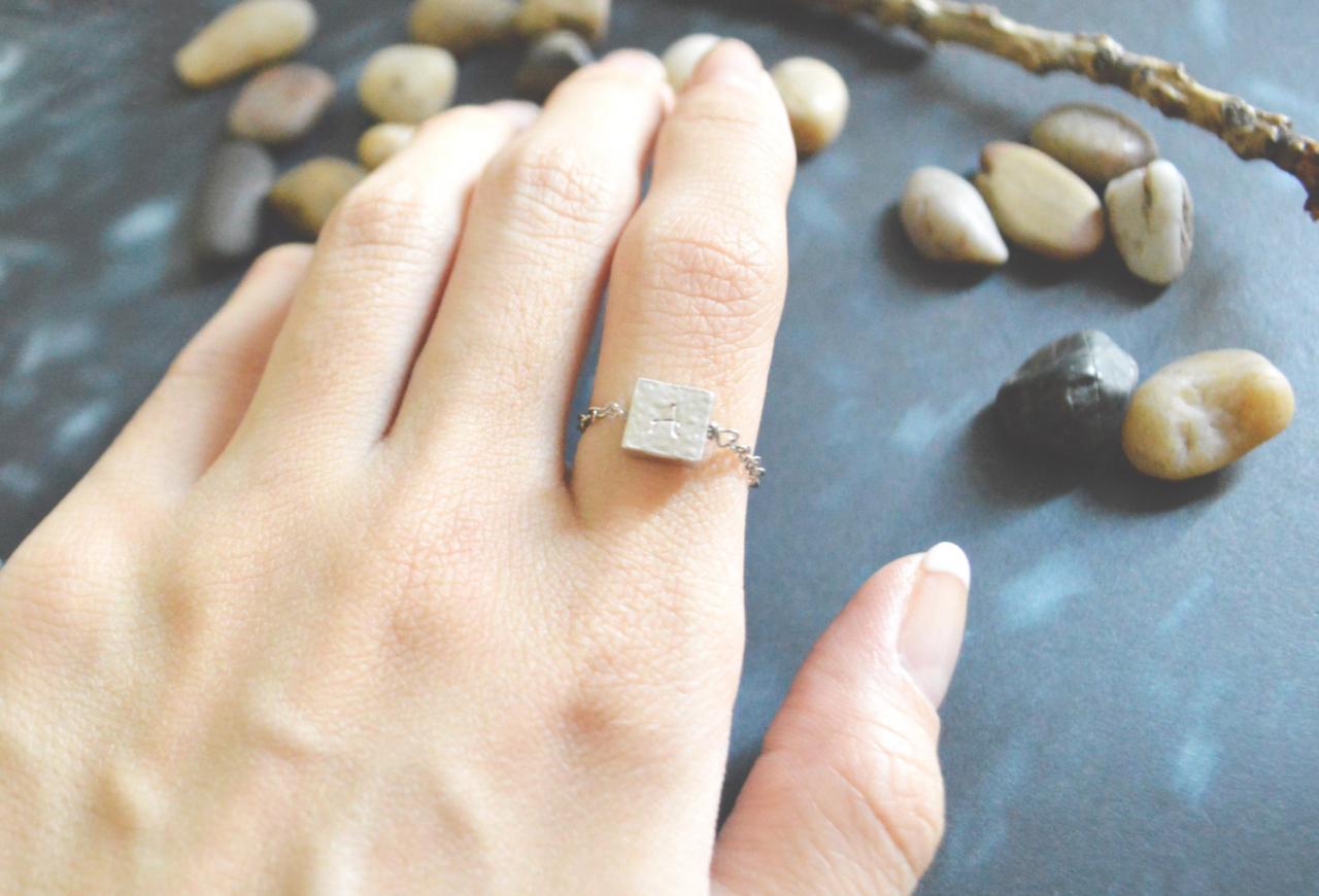 E-044 Hand Stamped Initial Ring, Square Ring, Hammered Ring, Chain Ring, Simple Ring, Modern Ring, Silver Plated Ring/everyday