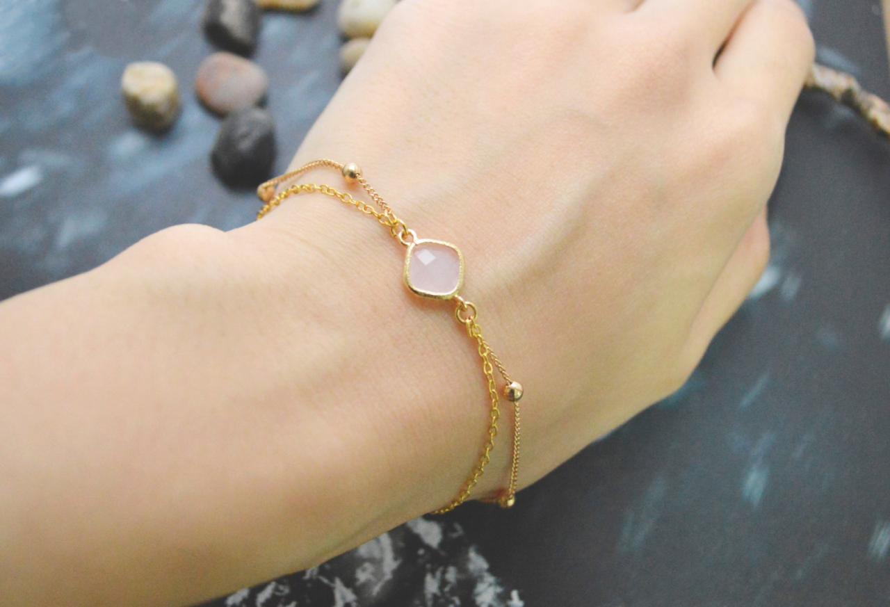C-043 Pink opal bracelet, Gold framed bracelet, Layered bracelet, Simple bracelet, Ball chain, Gold plated/Everyday jewelry/