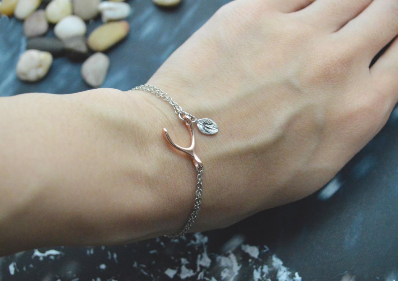 C-041 Wishbone initial bracelet, Personalized bracelet, Simple bracelet, Silver, Pink gold plated/Everyday jewelry/