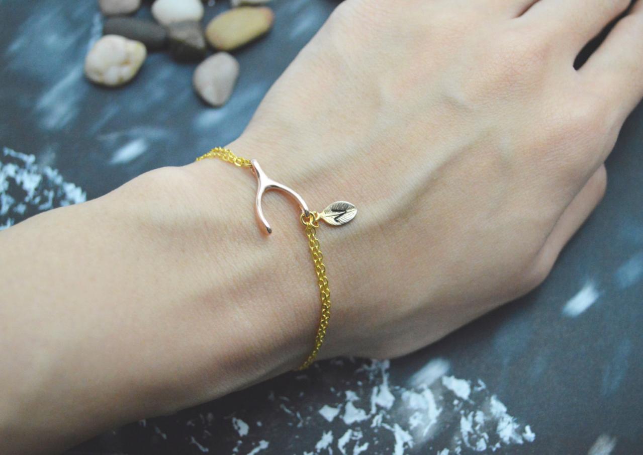 C-040 Wishbone initial bracelet, Personalized bracelet, Simple bracelet, Gold, Pink gold plated/Everyday jewelry/
