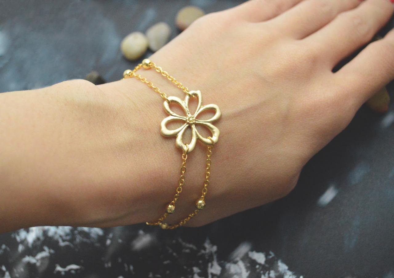 C-037 Flower Bracelet, Double Layered Bracelet, Ball Chain Bracelet, Simple Bracelet, Gold Plated/everyday Jewelry/