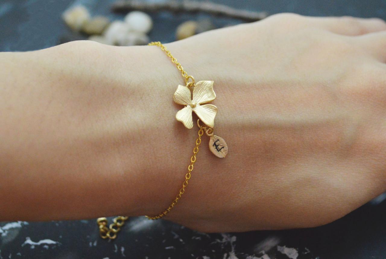 C-036 Flower initial bracelet, Personalized bracelet, Simple bracelet, Gold plated/Everyday jewelry/