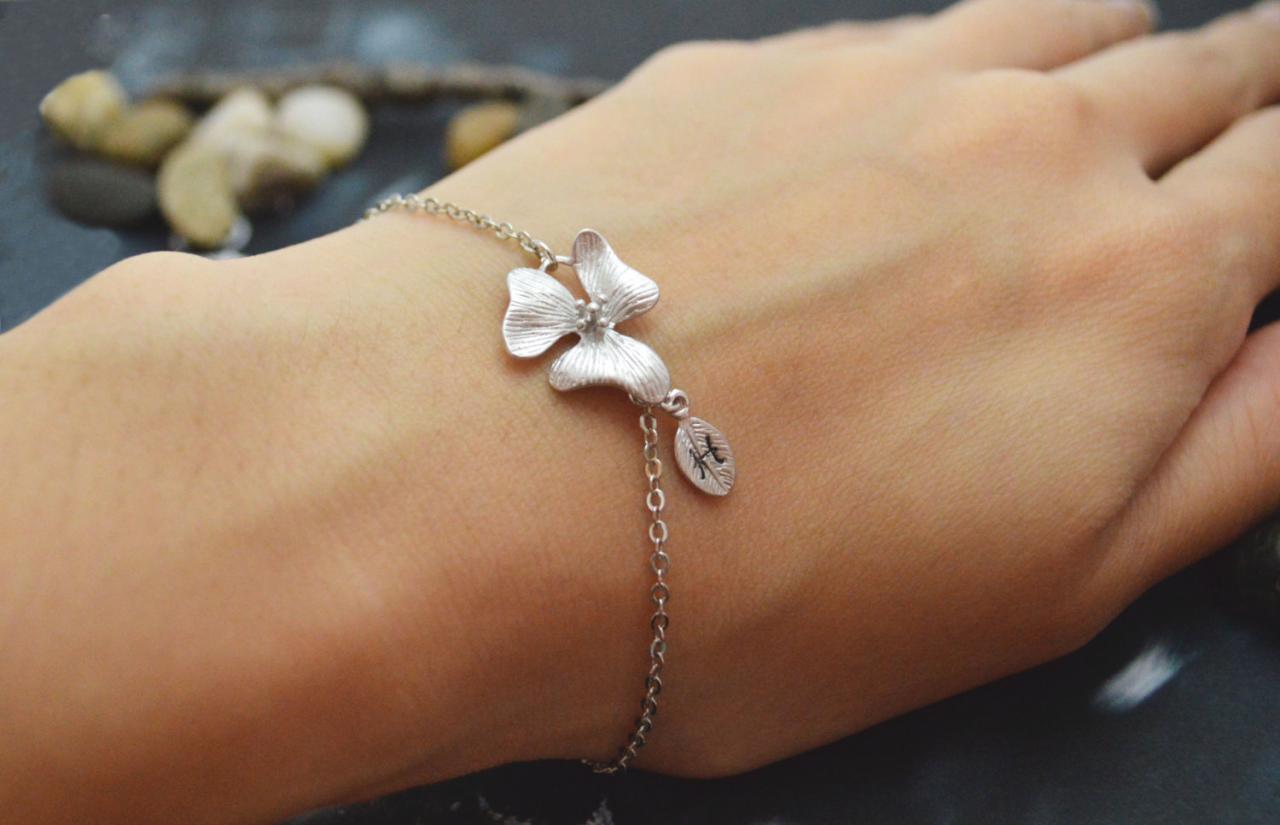 C-035 Orchid Flower Initial Bracelet, Personalized Bracelet, Simple Bracelet, Rhodium Plated/everyday Jewelry/