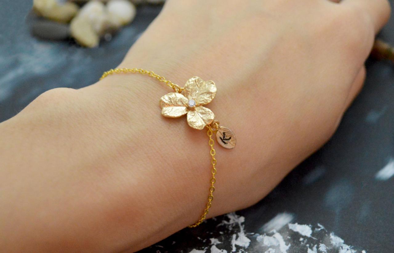 C-033 Flower initial bracelet, Personalized bracelet, Simple bracelet, Gold plated/Everyday jewelry/