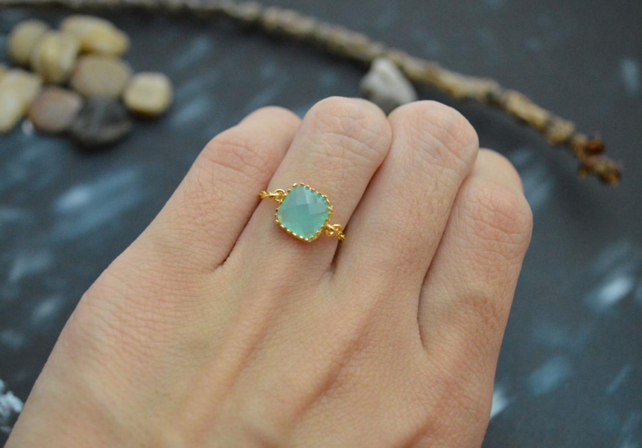 E-034 Mint Glass Ring, Gold Framed Ring, Chain Ring, Simple Ring, Modern Ring, Gold Plated Ring/everyday/gift/