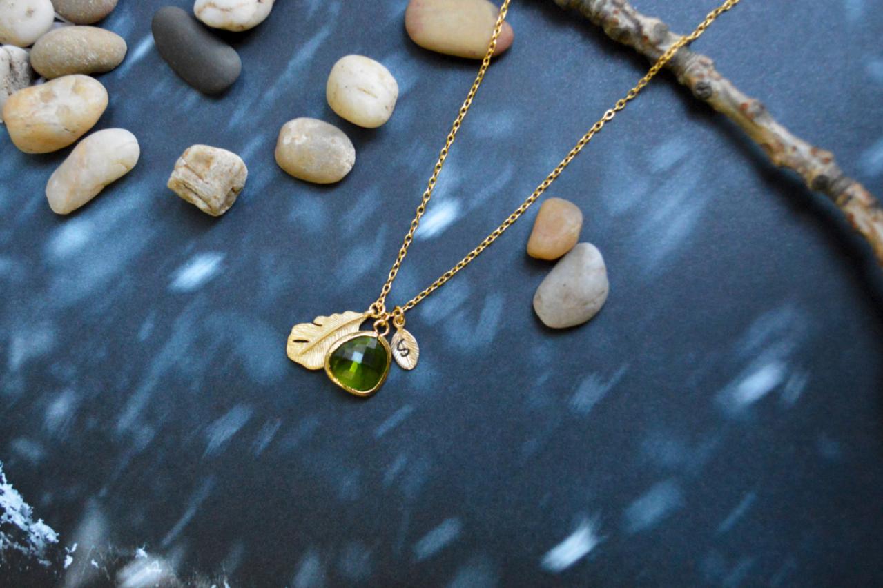A-133 Hand Stamped Initial Leaf Necklace, Drop Necklace, Feather Necklace, Peridot Necklace/everyday Jewelry /special Gift/