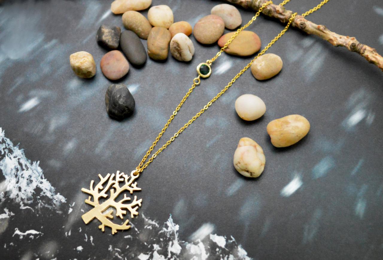 A-127 Tree Necklace, Emerald Glass Necklace, Sideways Necklace, Gold Plated Chain/bridesmaid/everyday Jewelry/