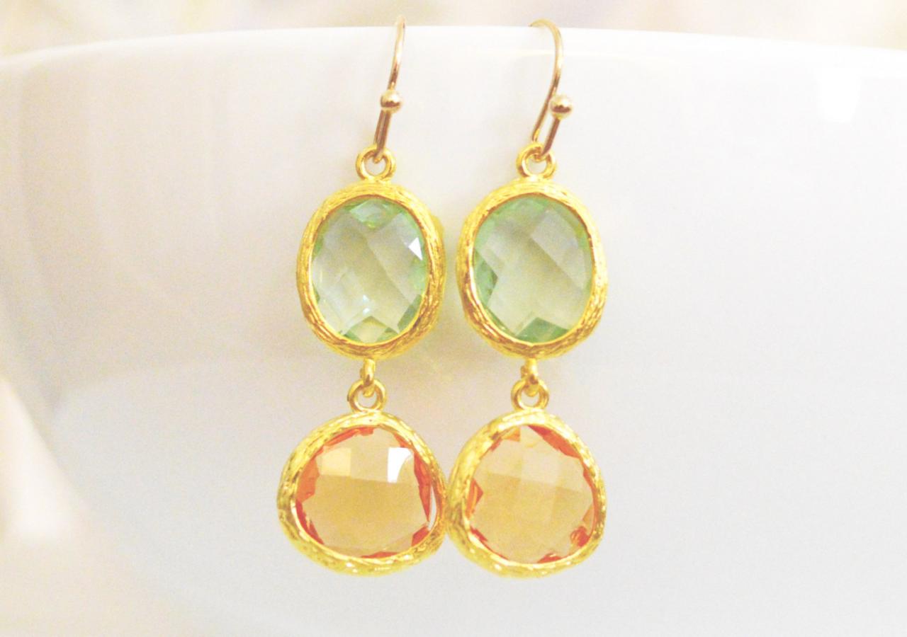 ) B-023 Glass Earrings, Light Green&topaz Drop Earrings, Cz Dangle Earrings, Gold Plated Earrings/bridesmaid Gifts/everyday Jewelry/