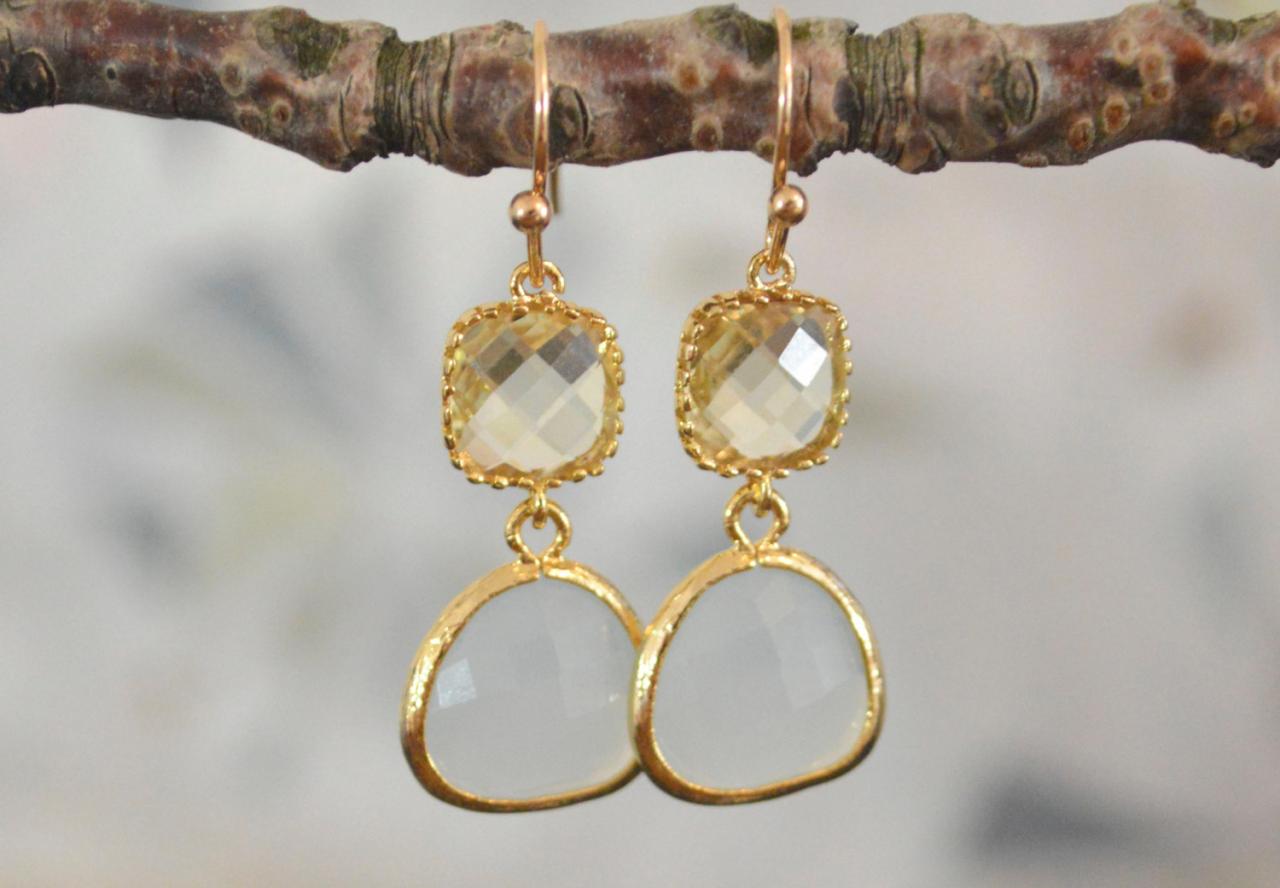 B-019 Glass Lemon Yellow, Bezel Set Ellis Blue Drop Earrings, Dangle Earrings, Gold Plated /bridesmaid Gifts/everyday Jewelry/