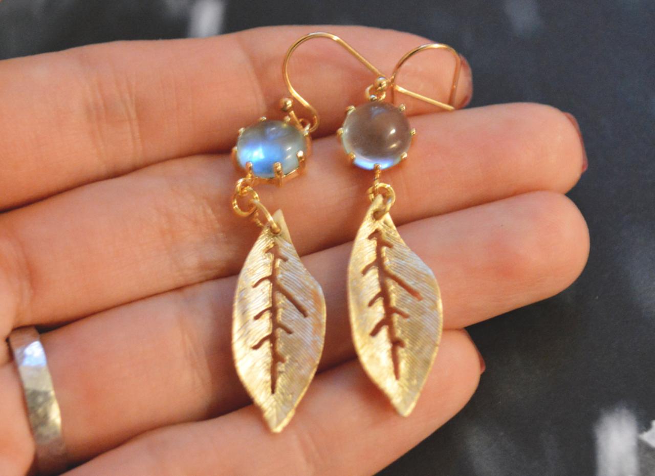 B-017 Bezel Set Glass Aquamarine Earrings, Leaf Earrings, Dangle Earrings, Gold Plated Earrings/bridesmaid Gifts/everyday Jewelry/