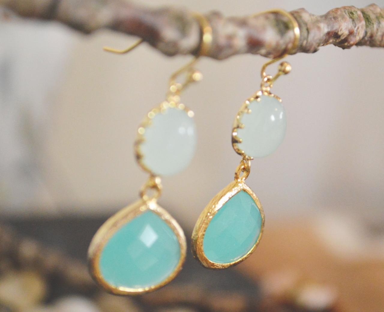 B-020 Glass Mint Earrings, Bezel Set Mint Blue Drop Earrings, Dangle Earrings, Gold Plated /bridesmaid Gifts/everyday Jewelry/