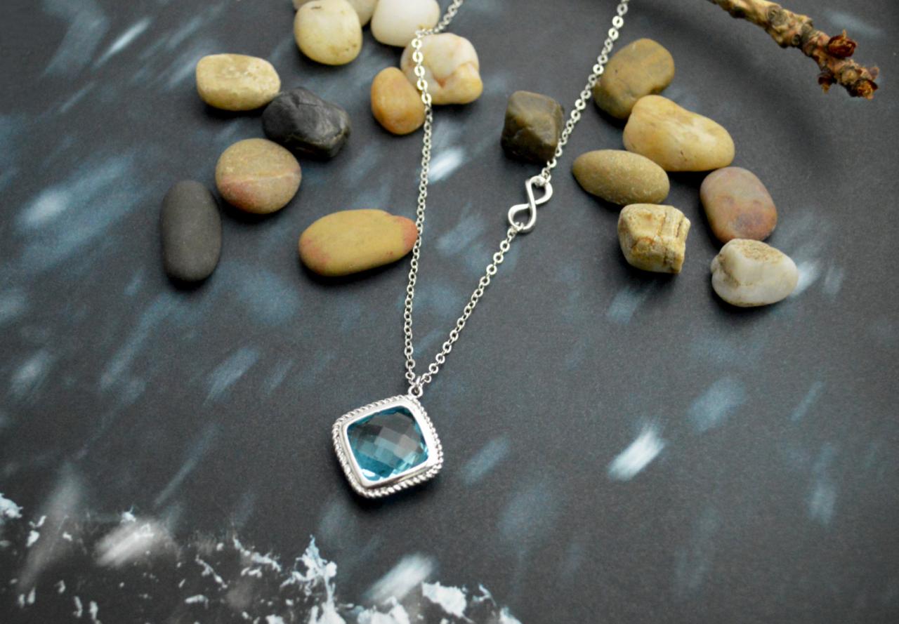 A-114 Aquamarine Necklace, Infinity Necklace, Sideways Necklace, Modern Necklace, Silver Plated Chain/bridesmaid Gifts/everyday Jewelry/