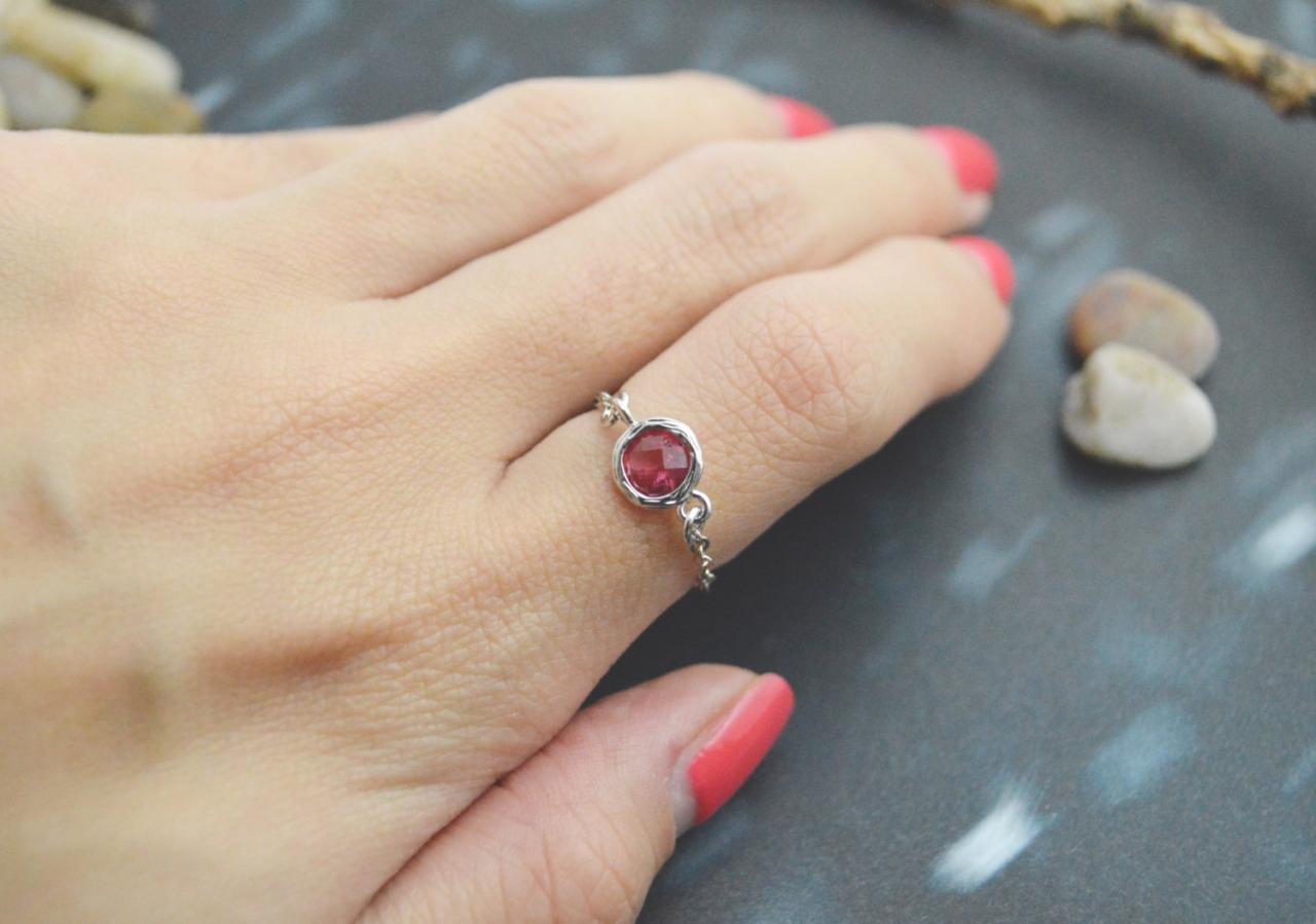 E-027 Ruby Glass ring, Silver Frame ring, Chain ring, Simple ring, Modern ring, Silver plated ring/Everyday/Gift/