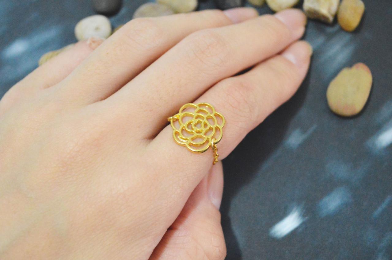E-026 Flower ring, Chain ring, Camellia ring, Simple ring, Modern ring, Rhodium plated ring/Everyday/Gift/