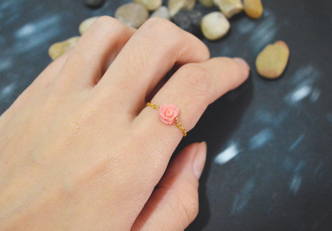 E-025 Rose Ring, Chain Ring, Flower Ring, Cabochon Ring, Simple Ring, Modern Ring, Gold Plated Ring/everyday/gift/